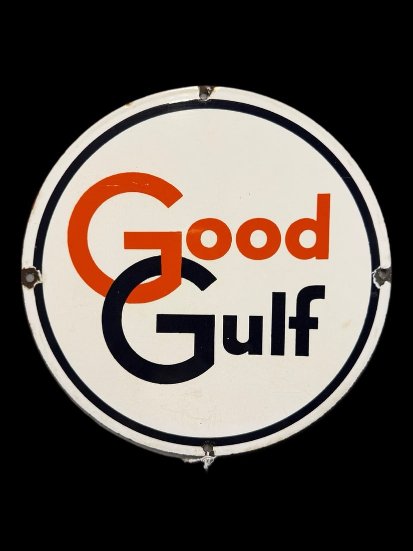 Good Gulf Pump Plate: Very light scratching and chips around mounting holes.. 10.5" H. All items are eligible for free delivery to Rustbelt Americana in East Moline, IL on 8/6-7 or other shows that Richmond Auctions