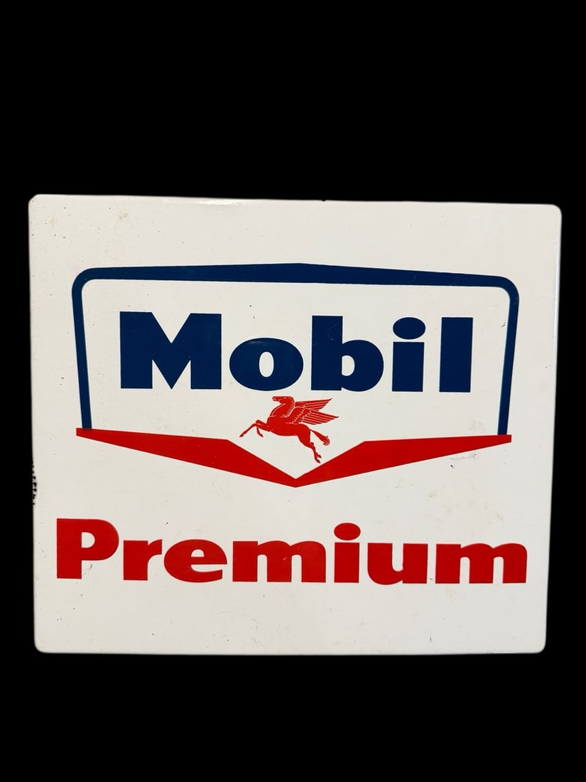 Mobil Premium Pegasus Sign: Light scratches and edge wear. 14" H x 12" W. All items are eligible for free delivery to Rustbelt Americana in East Moline, IL on 8/6-7 or other shows that Richmond Auctions attends. Size 14" H x 12"