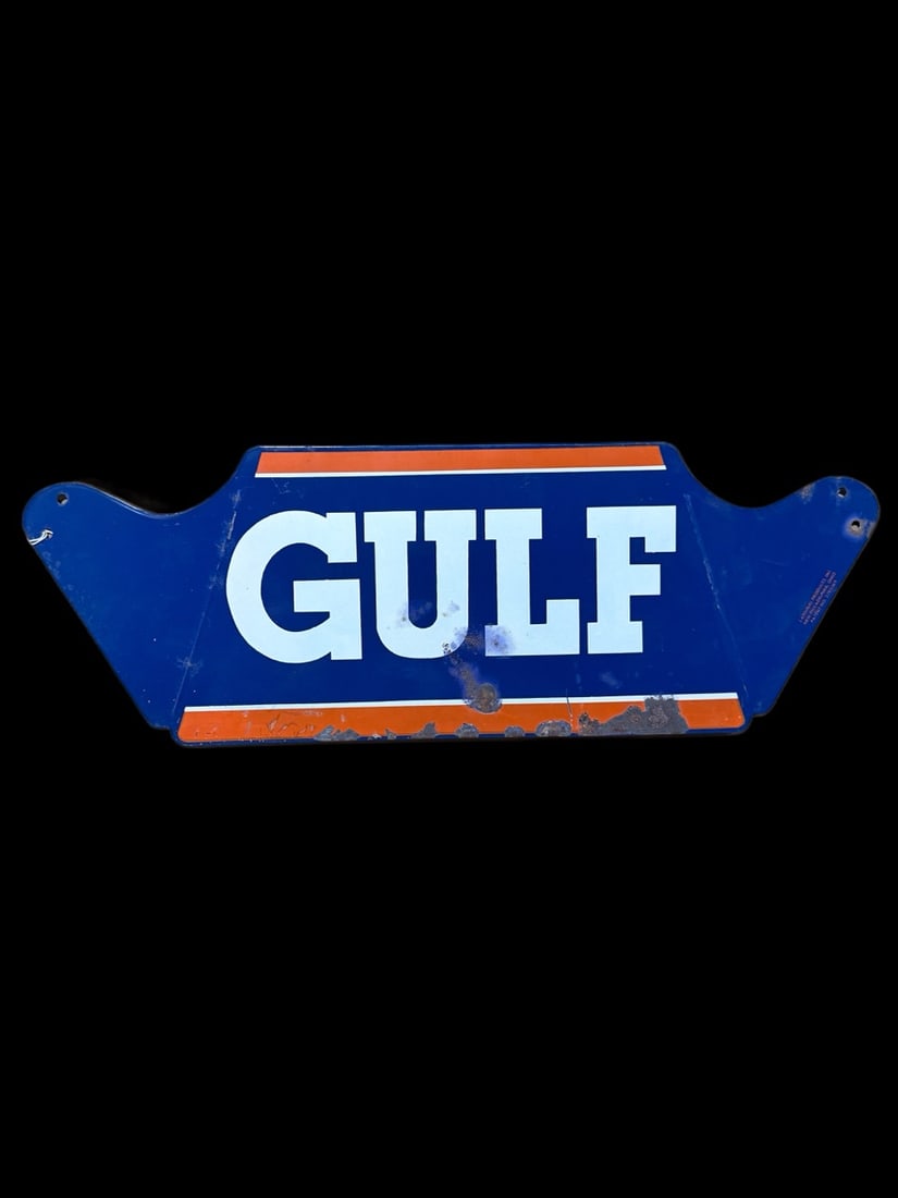 Gulf Gasoline Tire Holder: One side significant paint loss and chips on lower part. Otherwise major paint loss all over. 22" H x 8" W. All items are eligible for free delivery to Rustbelt Americana in East Moline, IL on 8/6-7