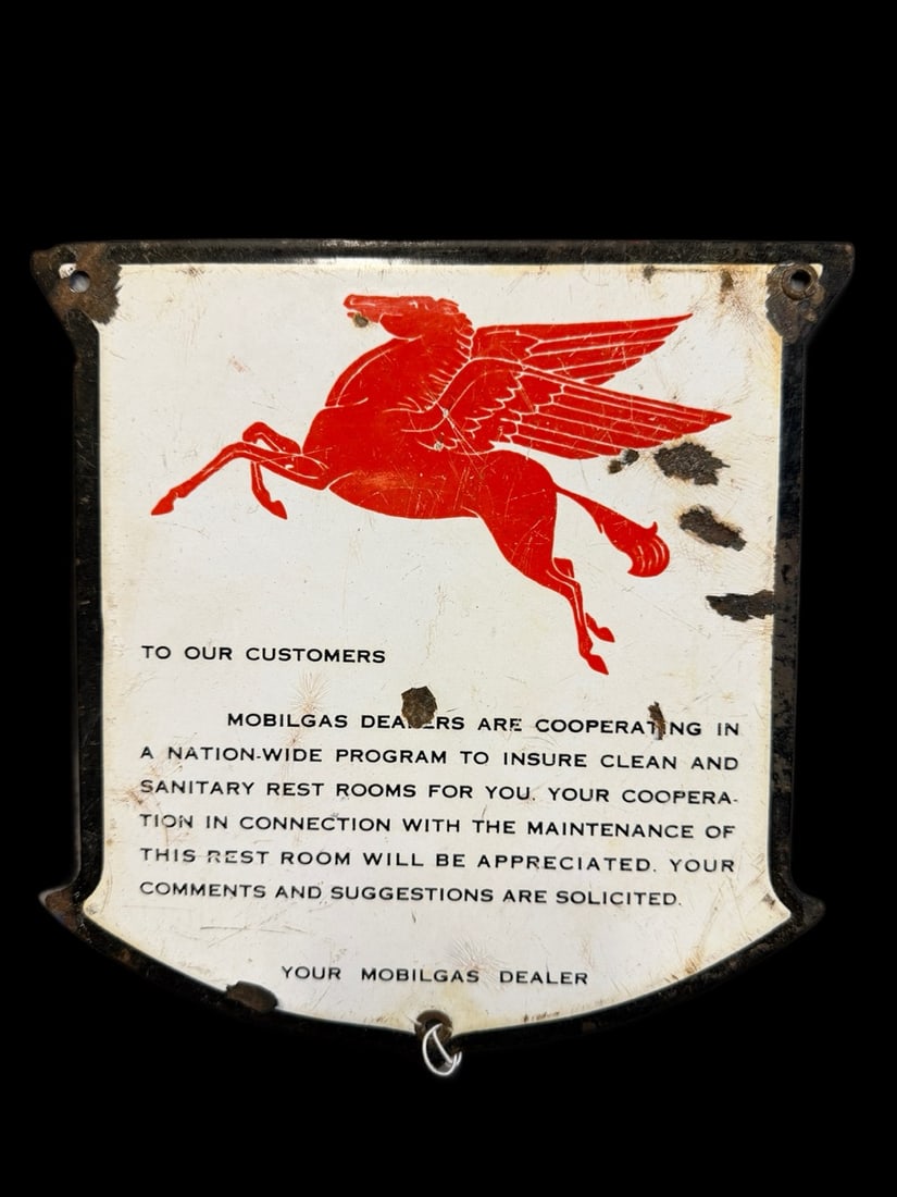 Mobil Pegasus Pump Plate Sign: Chips in multiple spots and scratches throughout. 8" H x 7" W. All items are eligible for free delivery to Rustbelt Americana in East Moline, IL on 8/6-7 or other shows that Richmond Auctions attends.