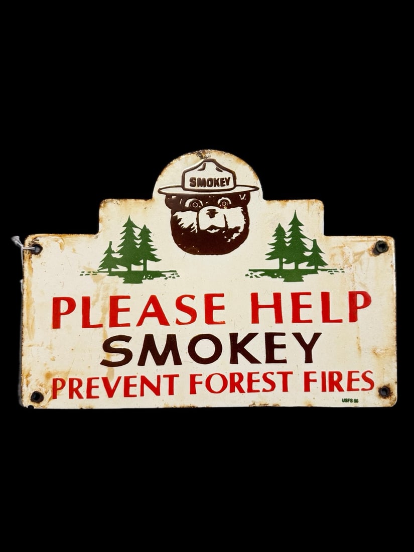 Smokey Please Help Prevent Forest Fire Sign: Age unknown. 9" H x 13" W. All items are eligible for free delivery to Rustbelt Americana in East Moline, IL on 8/6-7 or other shows that Richmond Auctions attends. Size 9" H x 13" W Medium Porcelain