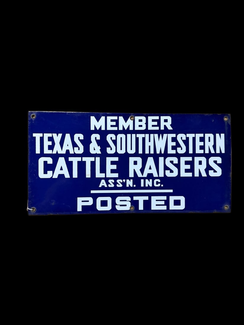 Texas Southwestern Cattle Sign: Wear around edges and slight scratches on face. 20" H x 10" W. All items are eligible for free delivery to Rustbelt Americana in East Moline, IL on 8/6-7 or other shows that Richmond Auctions