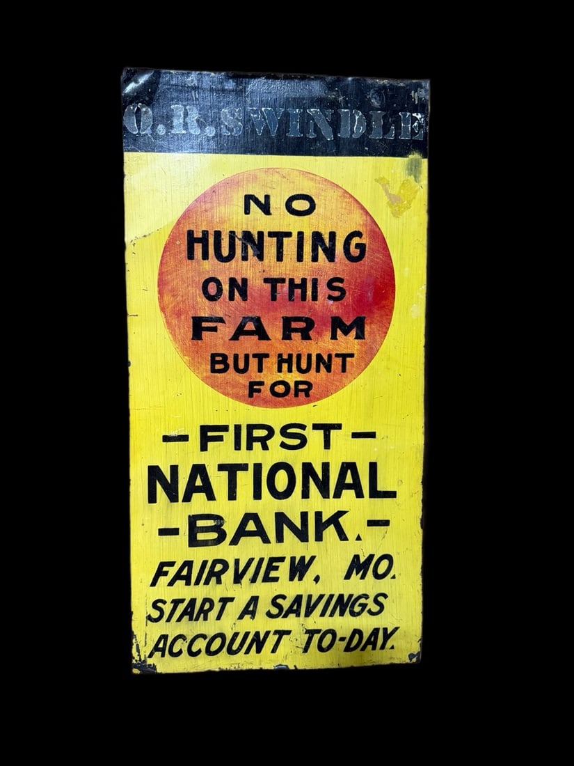 No Hunting On This Farm First Bank Sign: Significant paint fade at the top and stress marks throughout. 24" H x 12" W. All items are eligible for free delivery to Rustbelt Americana in East Moline, IL on 8/6-7 or other shows that Richmond