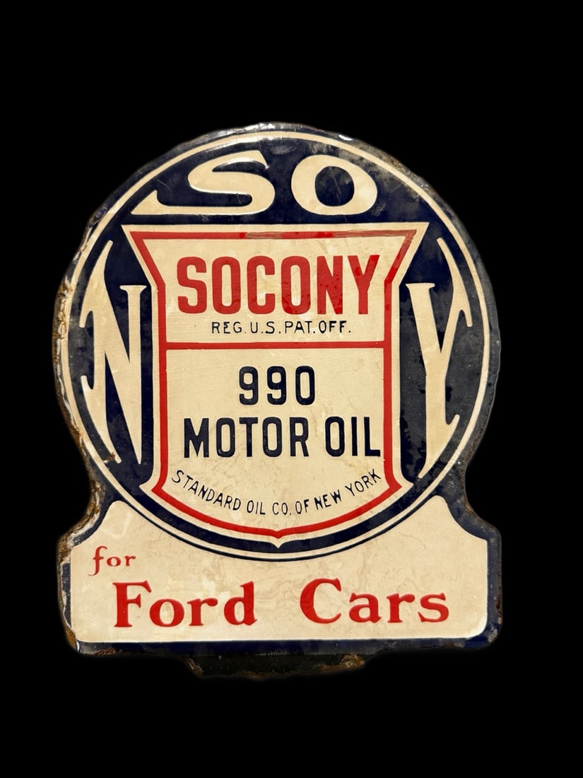 Socony Ford Motor Oil Topper Sign: Just shy of dead mint. Lots of wear everywhere. One side still stained, bottom missing. 10" H x 8" W. All items are eligible for free delivery to Rustbelt Americana in East Moline, IL on 8/6-7 or