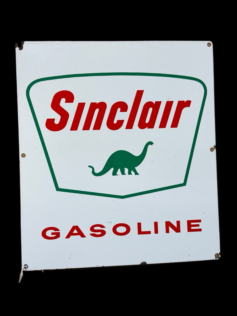 Sinclair Gasoline Porcelain Sign: Chips along bottom and mounting holes. Light scratches in field. 13" H x 12" W. All items are eligible for free delivery to Rustbelt Americana in East Moline, IL on 8/6-7 or other shows that Richmond