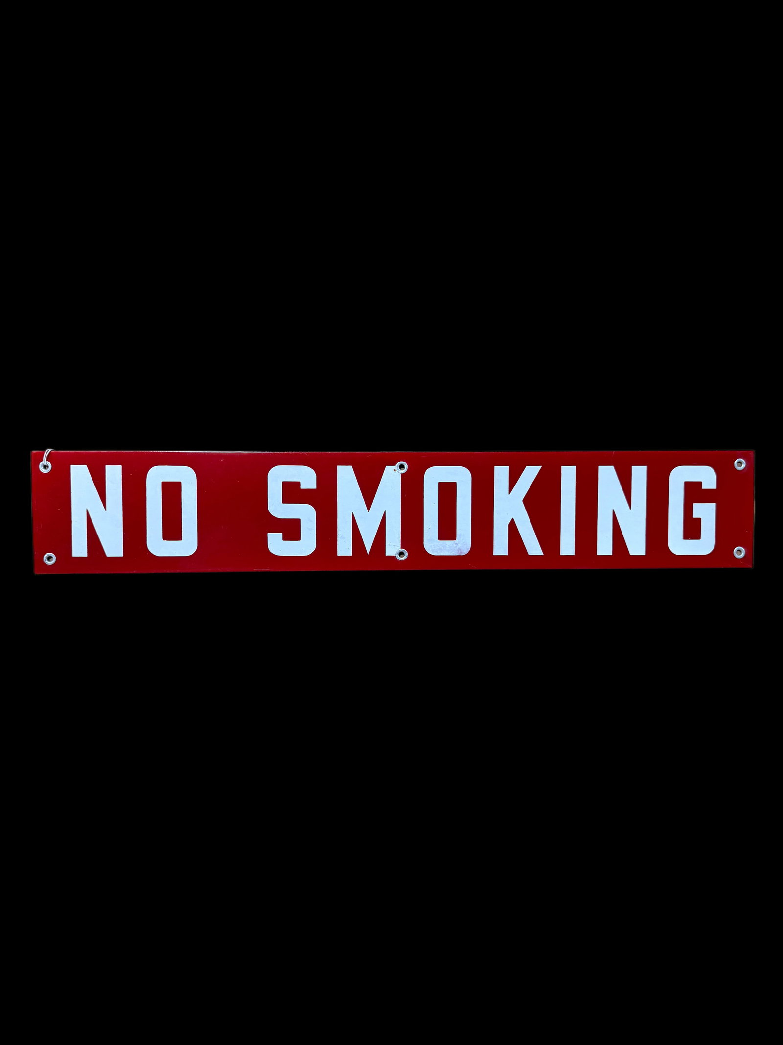 No Smoking Porcelain Sign: Paint loss in O in smoking. Very light shelf wear otherwise. 24" H x 4" W. All items are eligible for free delivery to Rustbelt Americana in East Moline, IL on 8/6-7 or other shows that Richmond