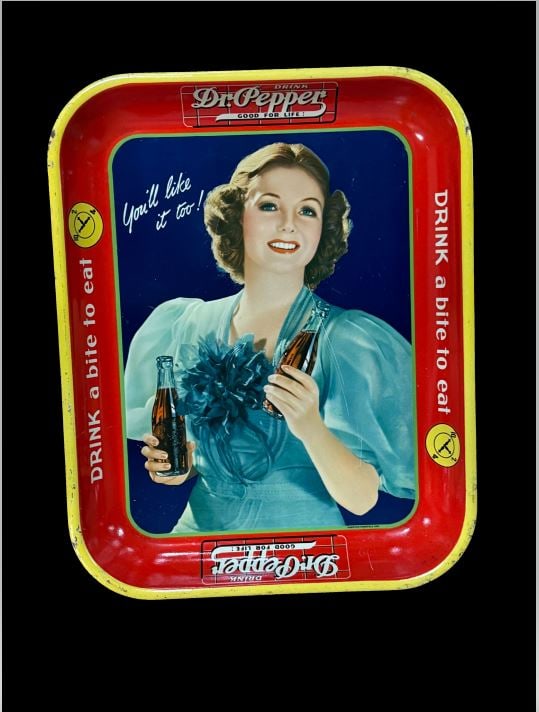 Dr Pepper Good For Life Serving Tray: Scratches in main field and paint loss around top edges. 13" H x 11" W. All items are eligible for free delivery to Rustbelt Americana in East Moline, IL on 8/6-7 or other shows that Richmond