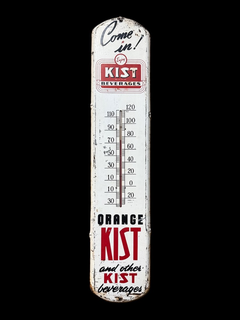 Orange Kist Soda Thermometer: Paint loss throughout. Tube in tact. 39" H x 8" W. All items are eligible for free delivery to Rustbelt Americana in East Moline, IL on 8/6-7 or other shows that Richmond Auctions attends. Size 39" H 