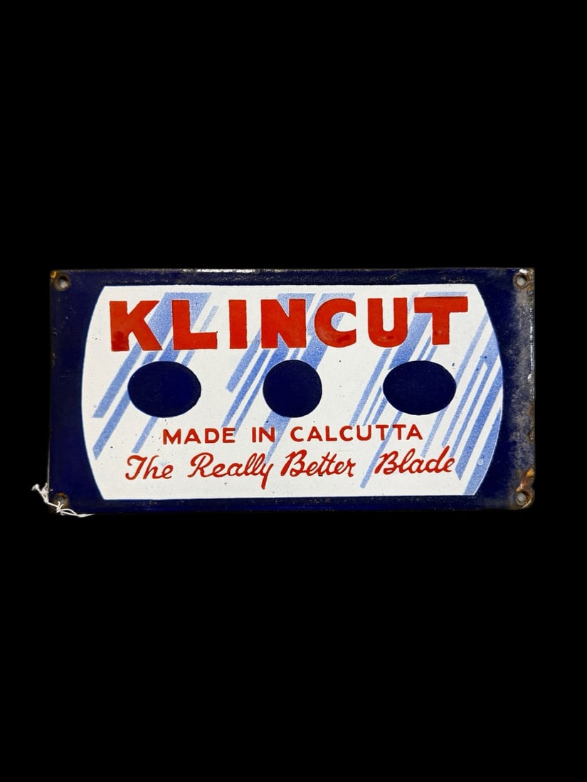 Klincut Better Blade Porcelain Sign: Rusting on edges and light shelf wear. 6" H x 12" W. All items are eligible for free delivery to Rustbelt Americana in East Moline, IL on 8/6-7 or other shows that Richmond Auctions attends. Size 6"