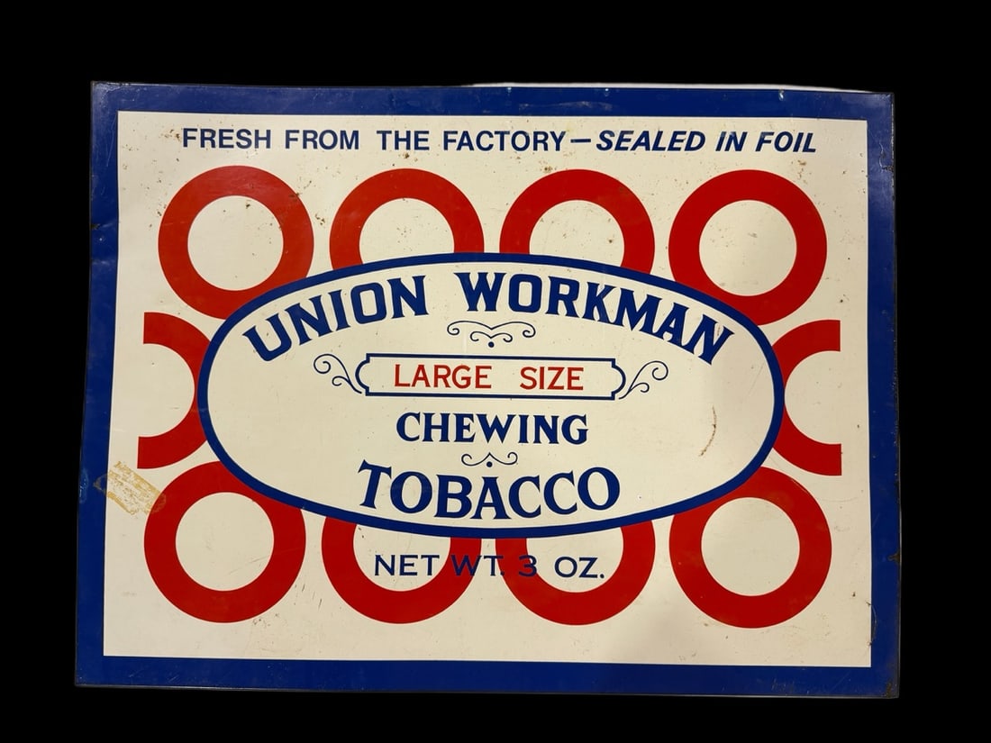 Union Workman Tobacco Chewing: Slight crease in top left. Staining and paint loss in multiple spots. 23" H x 17" W. All items are eligible for free delivery to Rustbelt Americana in East Moline, IL on 8/6-7 or other shows that