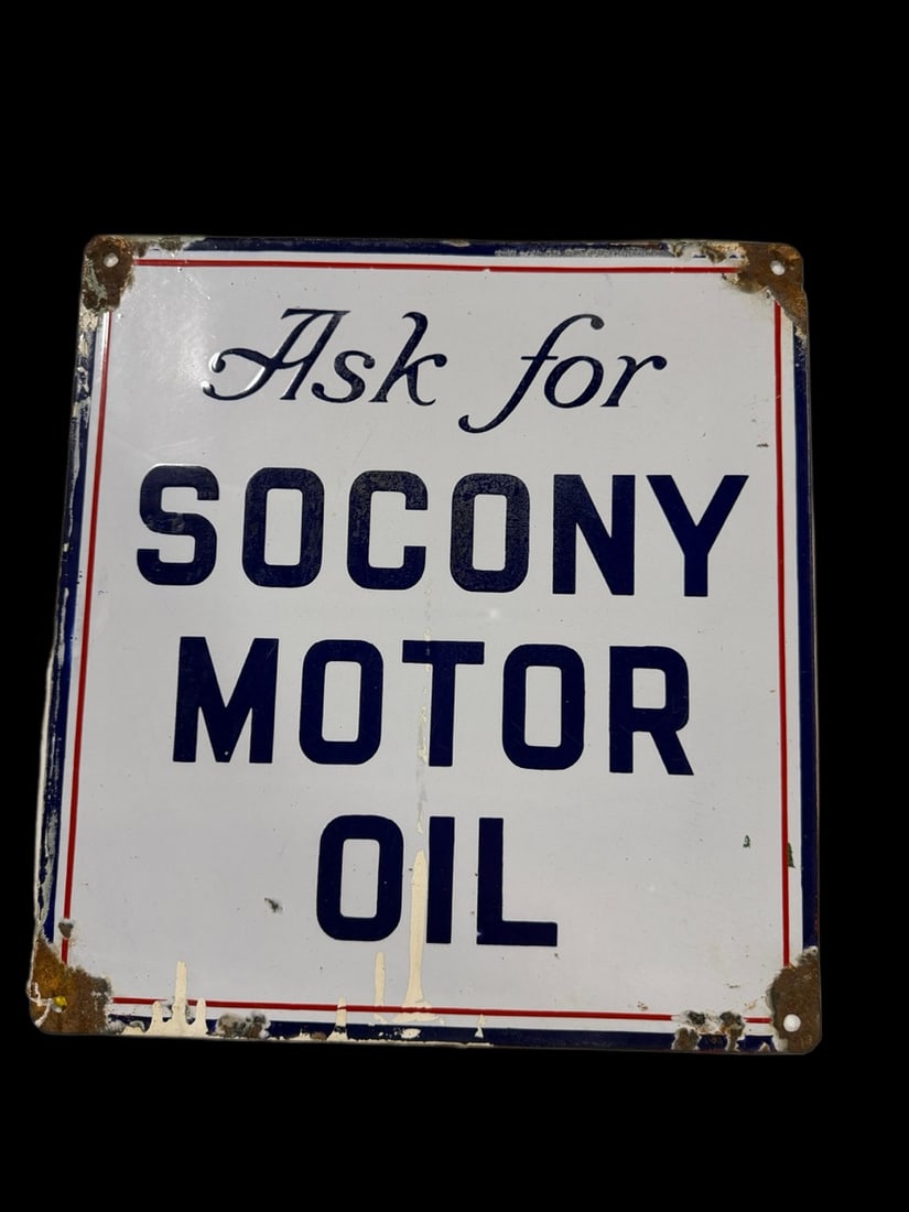 Socony Motor Oil Porcelain Sign: Heavy chips around the corners. Paint overspray and some light chips. 15" H x 14" W. All items are eligible for free delivery to Rustbelt Americana in East Moline, IL on 8/6-7 or other shows that