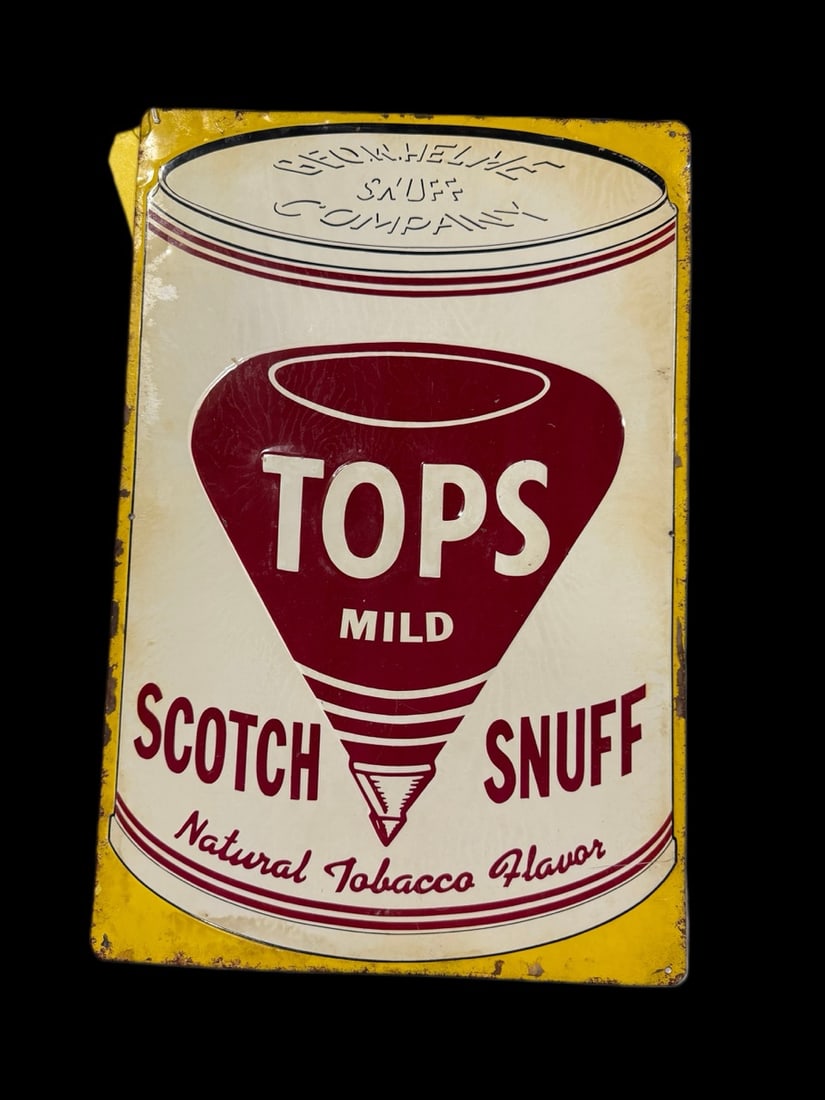 Tops Mild Scotch Snuff Sign: Heavy wear around the edges and scratches throughout the field. Light staining on the edges as well. 18" H x 12" W. All items are eligible for free delivery to Rustbelt Americana in East Moline, IL