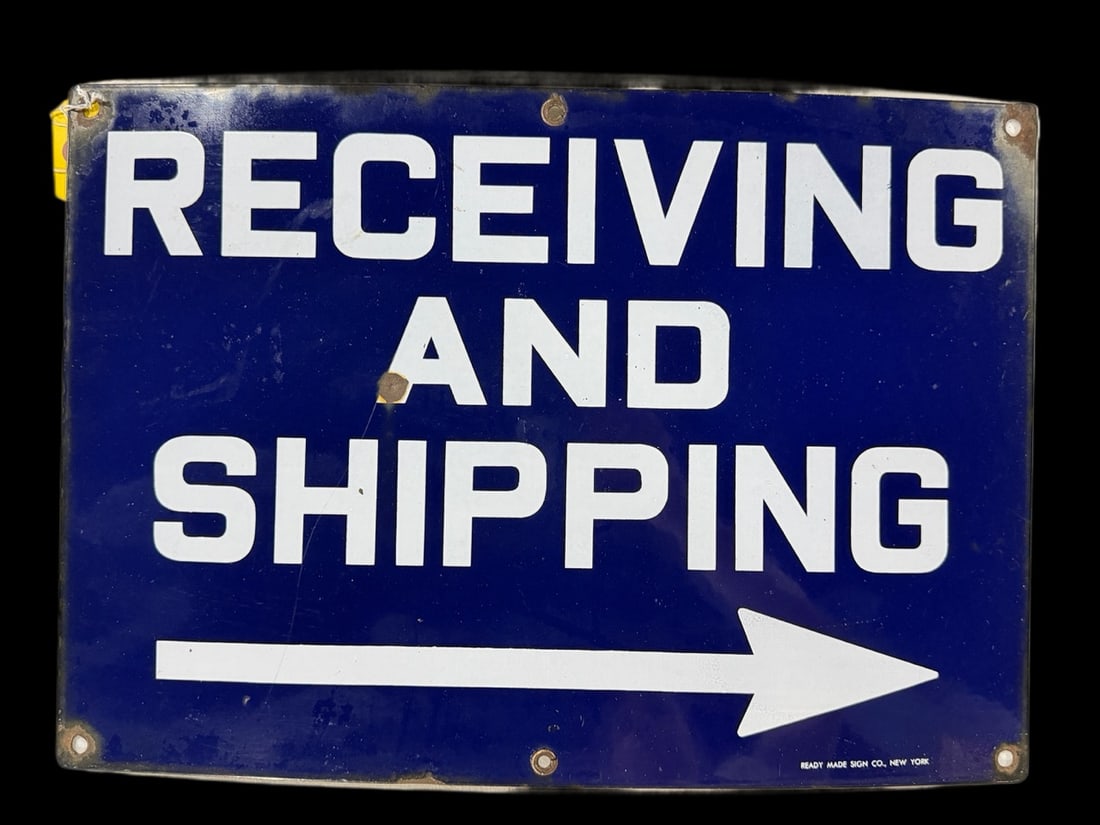 Receiving And Shipping Porcelain Sign: Marked Ready made sign co. Chip in the A and slight staining and chips around the mounting holes. 20" H x 14" W. All items are eligible for free delivery to Rustbelt Americana in East Moline, IL on