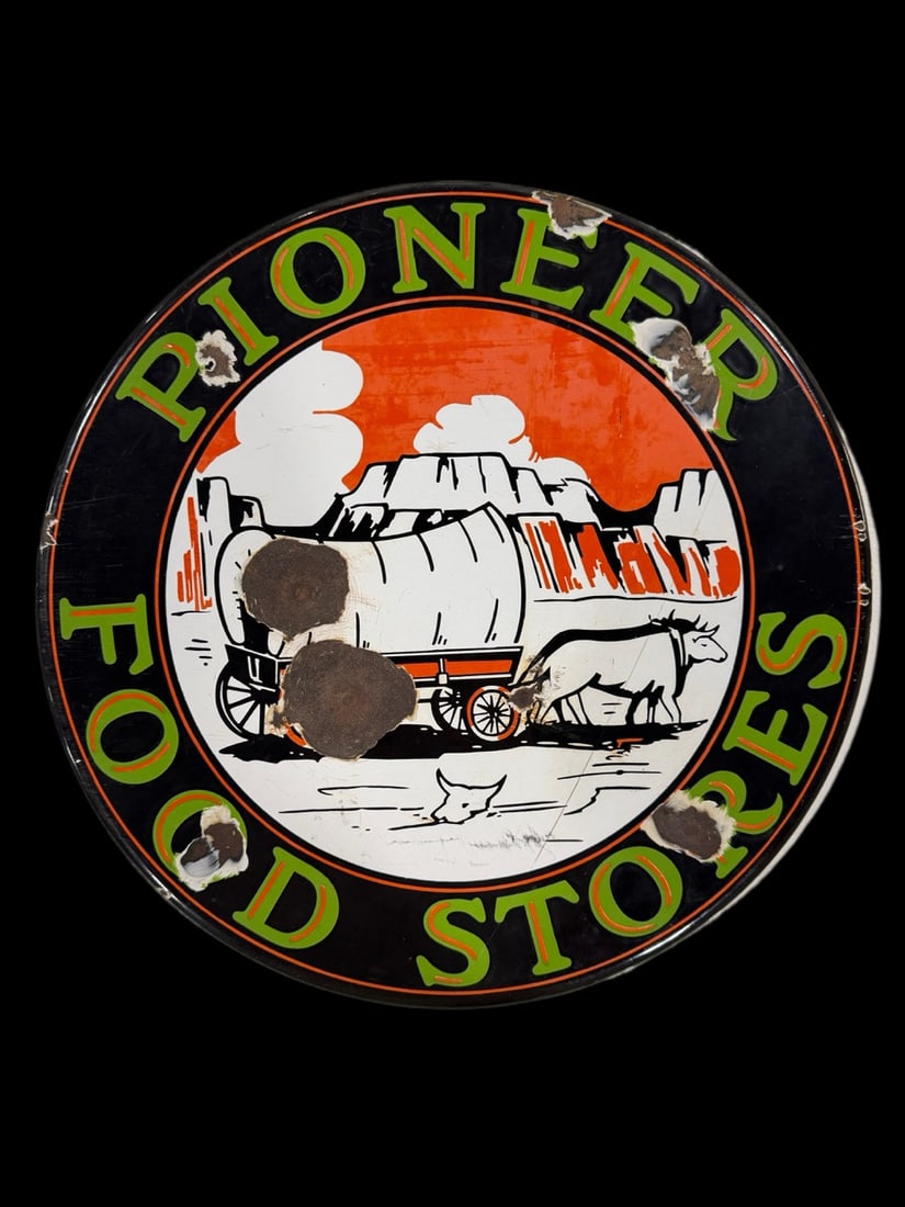 Pioneer Food Stores Porcelain Sign: Massive chips and scratches. 16" H. All items are eligible for free delivery to Rustbelt Americana in East Moline, IL on 8/6-7 or other shows that Richmond Auctions attends. Size 16" H Medium