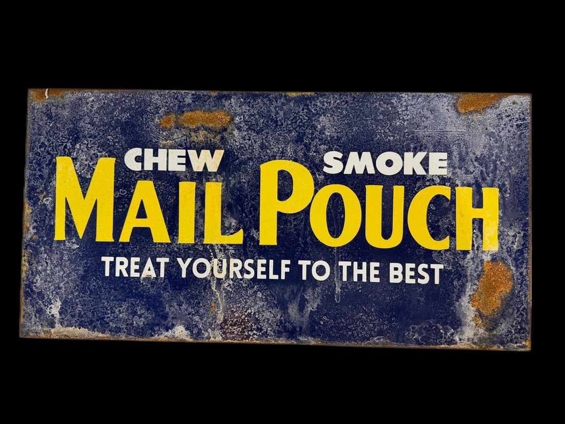Mail Pouch Tobacco Sign: Age unknown. 24" H x 12" W. All items are eligible for free delivery to Rustbelt Americana in East Moline, IL on 8/6-7 or other shows that Richmond Auctions attends. Size 24" H x 12" W Medium Metal