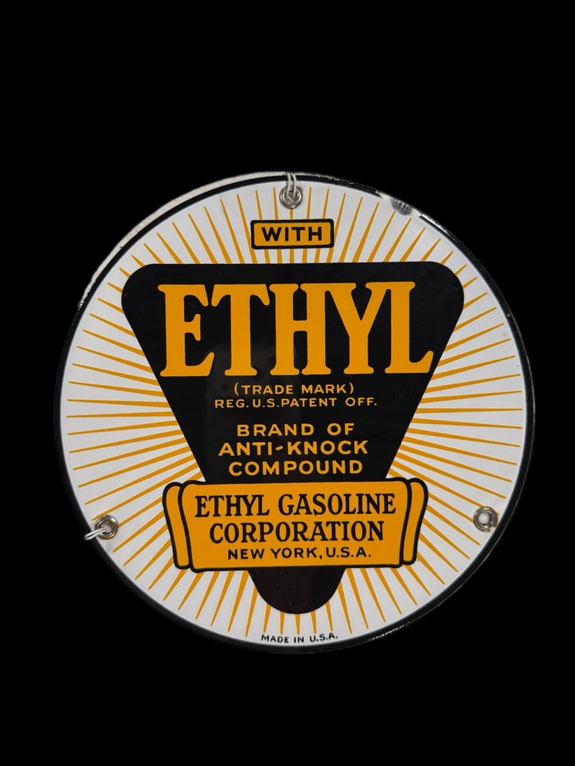 Ethyl Gas Pump Plate Sign: Extremely clean with only 1 small chip at 1 o'clock. 8" H. All items are eligible for free delivery to Rustbelt Americana in East Moline, IL on 8/6-7 or other shows that Richmond Auctions attends.