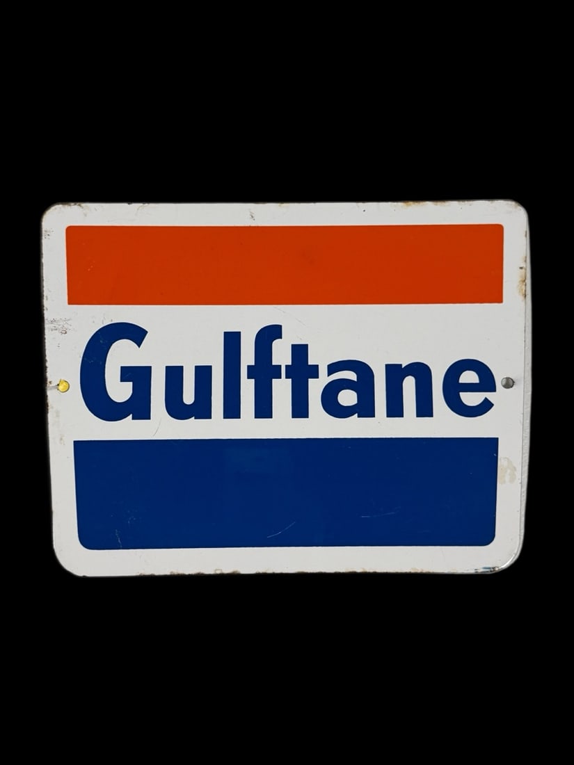 Gulftane Pump Plate Sign: Light scratches in field and edges wear all around. 9" H x 12" W. All items are eligible for free delivery to Rustbelt Americana in East Moline, IL on 8/6-7 or other shows that Richmond Auctions