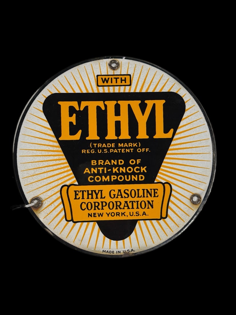 2 Ethyl Gas Pump Plate Sign: 1 is 7� with staining and wear all around. Other is 8� with fading at the bottom. 8" H. All items are eligible for free delivery to Rustbelt Americana in East Moline, IL on 8/6-7 or