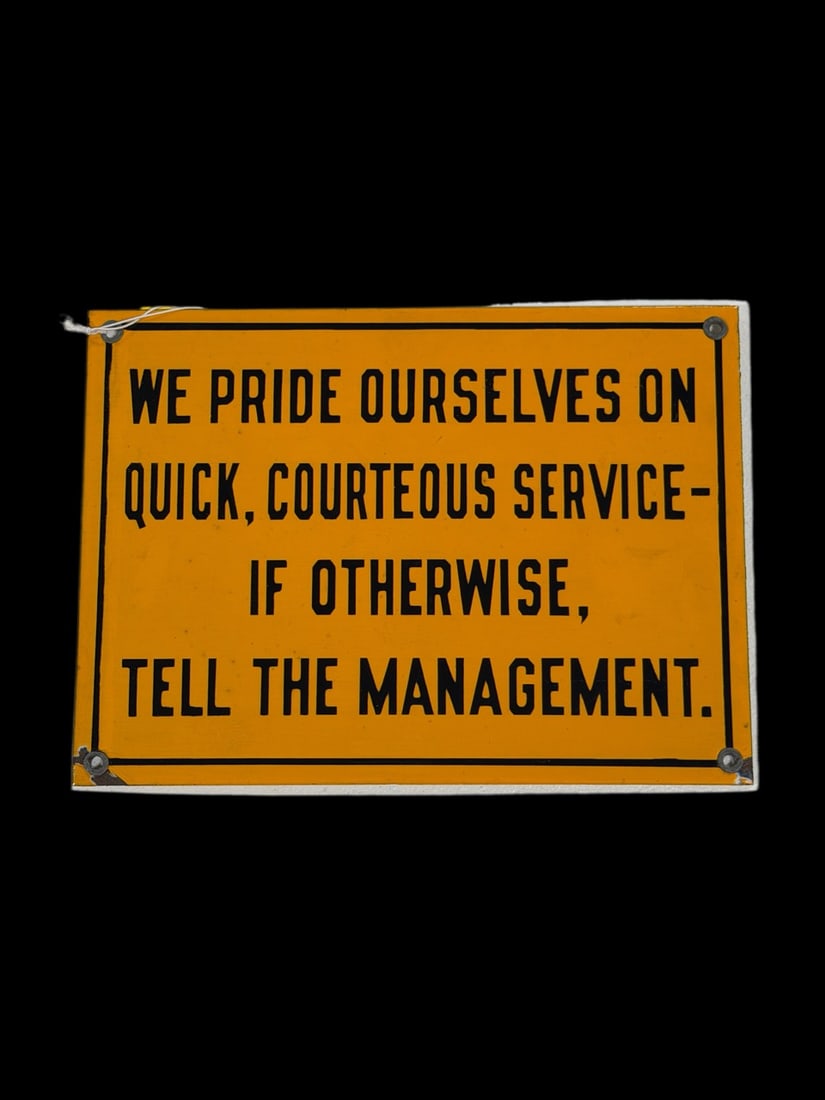 Courteous Service Customer Service Porcelain Sign: Chips on corners with very light scratching. 8" H x 11" W. All items are eligible for free delivery to Rustbelt Americana in East Moline, IL on 8/6-7 or other shows that Richmond Auctions attends.
