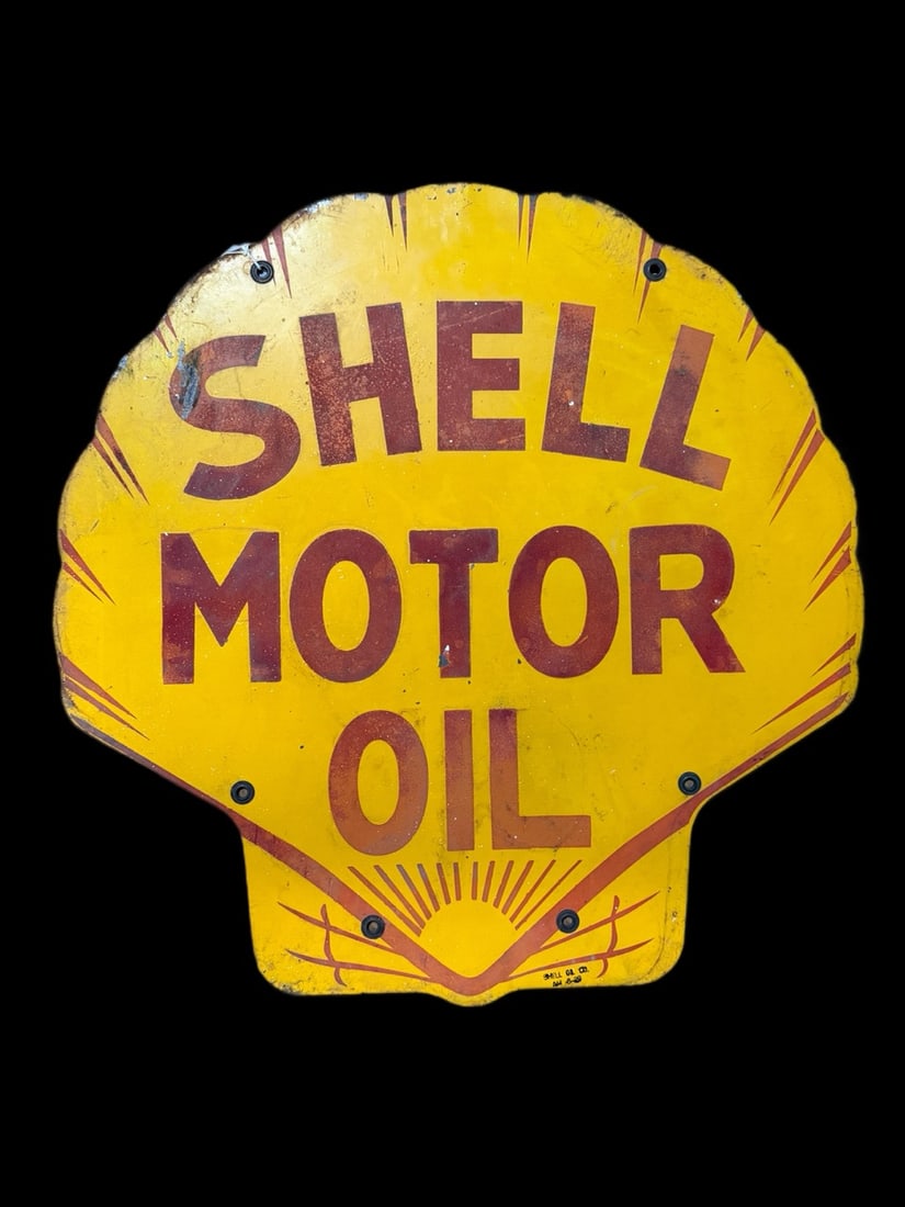 Shell Motor Oil Porcelain Sign: Age unknown. 24" H x 25" W. All items are eligible for free delivery to Rustbelt Americana in East Moline, IL on 8/6-7 or other shows that Richmond Auctions attends. Size 24" H x 25" W Medium