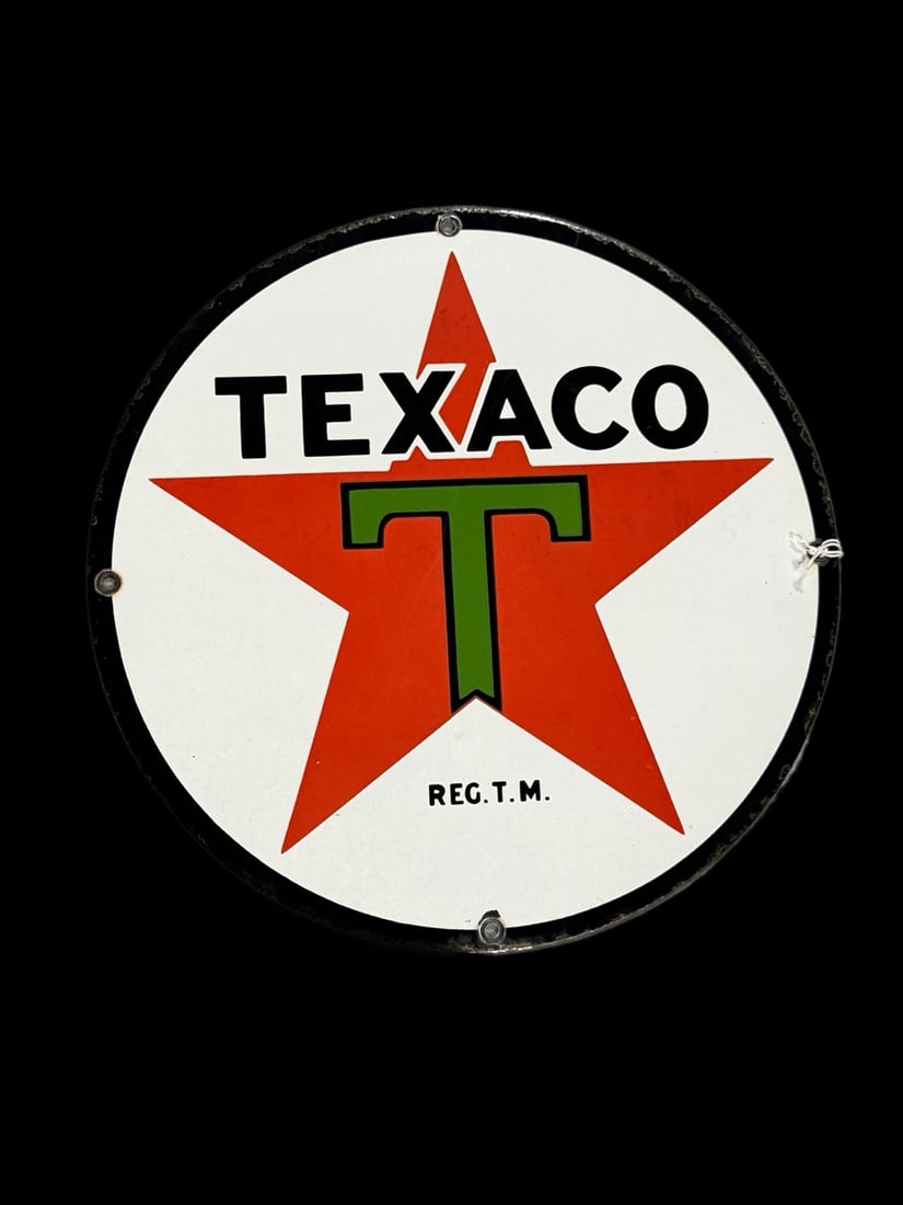 Texaco 11� Porcelain Sign: Age unknown. 11" H. All items are eligible for free delivery to Rustbelt Americana in East Moline, IL on 8/6-7 or other shows that Richmond Auctions attends. Size 11" H Medium Porcelain