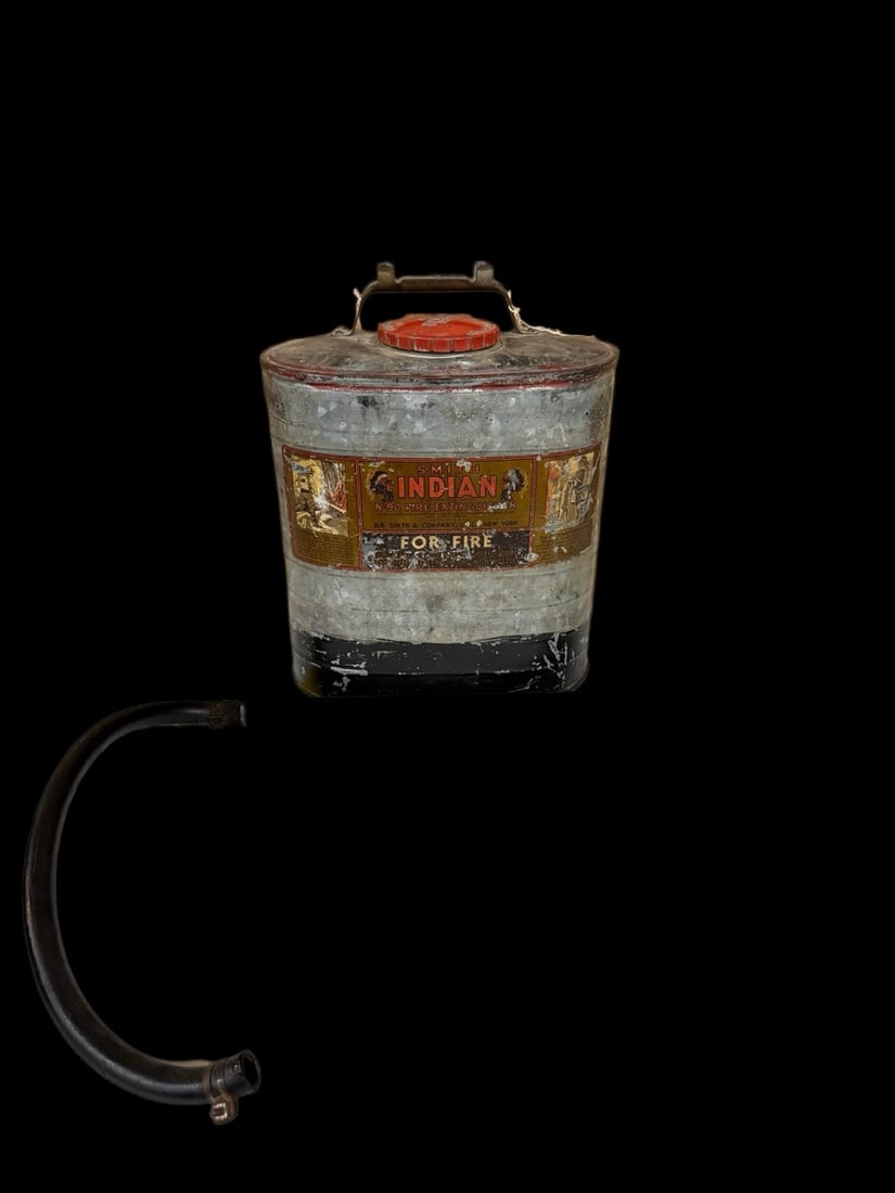 Smith Indian No 90 Fire Extinguisher: Significant paint fade all around. 17" H x 14" W x 7" D. All items are eligible for free delivery to Rustbelt Americana in East Moline, IL on 8/6-7 or other shows that Richmond Auctions attends. Size