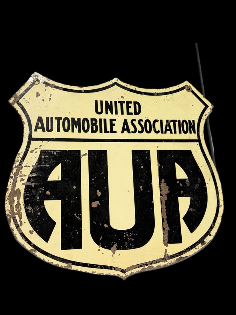 United Automobile Association Aua: Significant paint loss on both sides. 16" H x 17" W. All items are eligible for free delivery to Rustbelt Americana in East Moline, IL on 8/6-7 or other shows that Richmond Auctions attends. Size 16"