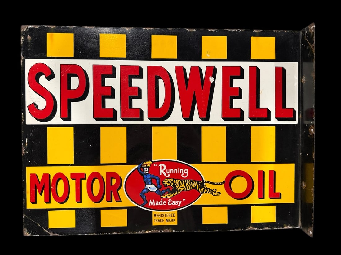 Speedwell Motor Oil Porcelain Flange: Age unknown. 24" H x 18" W x 2" D. All items are eligible for free delivery to Rustbelt Americana in East Moline, IL on 8/6-7 or other shows that Richmond Auctions attends. Size 24" H x 18" W x 2" D