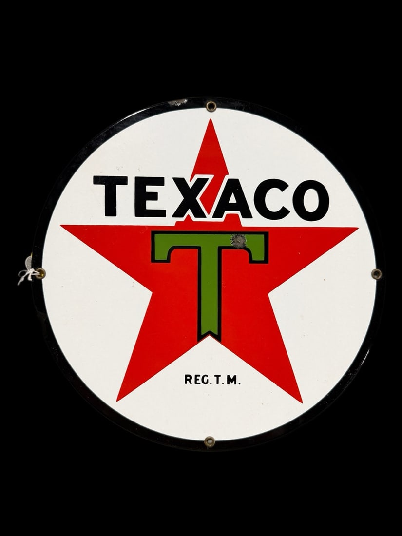 Texaco 11� Porcelain Sign: Age unknown. 11" H. All items are eligible for free delivery to Rustbelt Americana in East Moline, IL on 8/6-7 or other shows that Richmond Auctions attends. Size 11" H Medium Porcelain