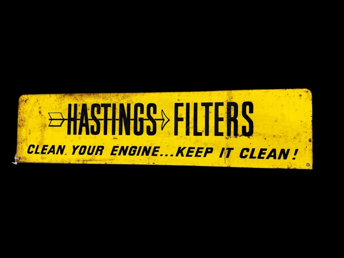 Hastings Filters Rack Topper Sign: Significant wear throughout. Marked savage manufacturing company. 7" H x 29" W. All items are eligible for free delivery to Rustbelt Americana in East Moline, IL on 8/6-7 or other shows that Richmond