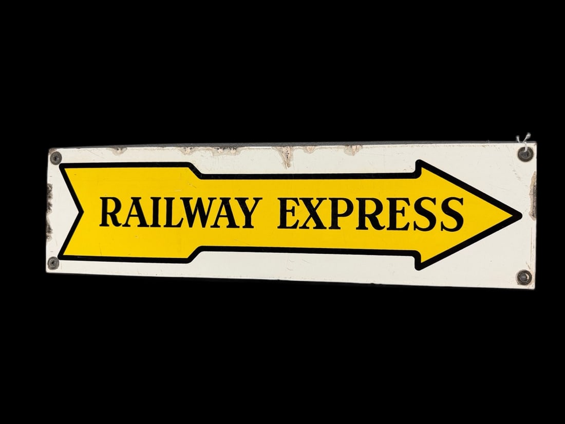 Railway Express Parceling Sign: Paint chips with touch up across left, right and top edges. Field has shelf wear. 6" H x 23" W. All items are eligible for free delivery to Rustbelt Americana in East Moline, IL on 8/6-7 or other
