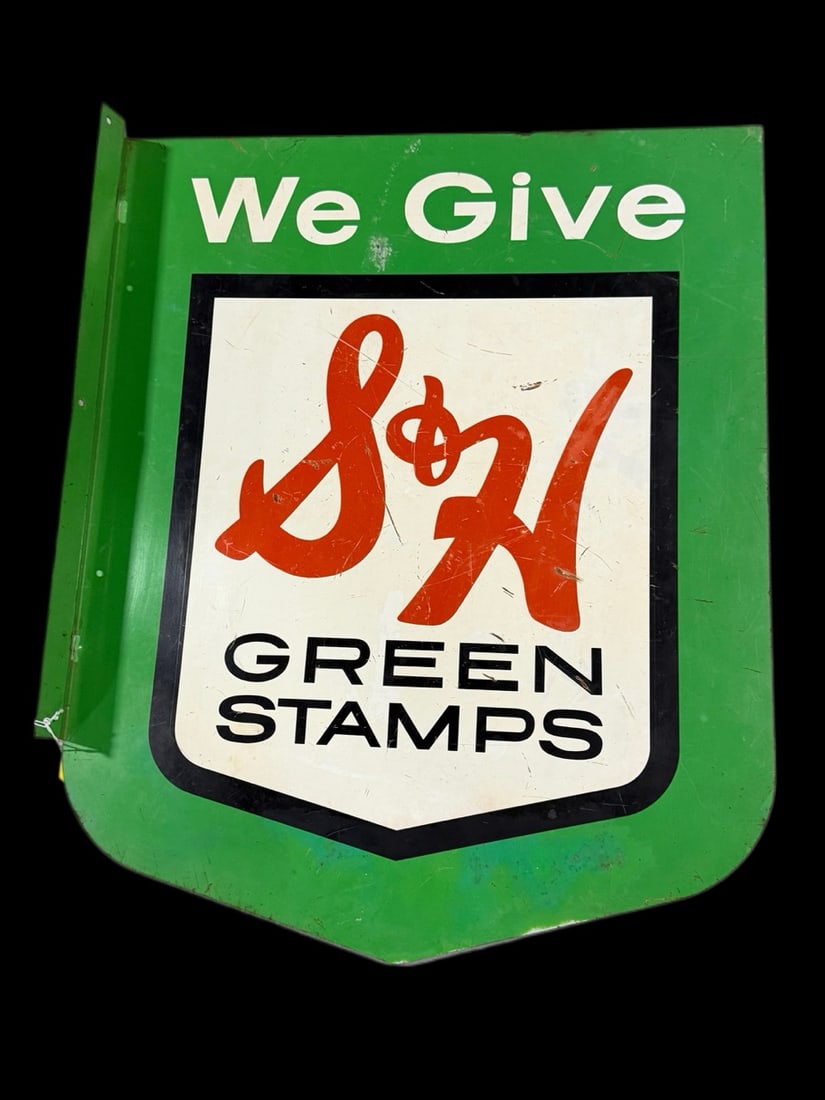 S&W Green Stamps Flange Sign: Scratches throughout, lays flat. 24" H x 19" W x 2" D. All items are eligible for free delivery to Rustbelt Americana in East Moline, IL on 8/6-7 or other shows that Richmond Auctions attends. Size