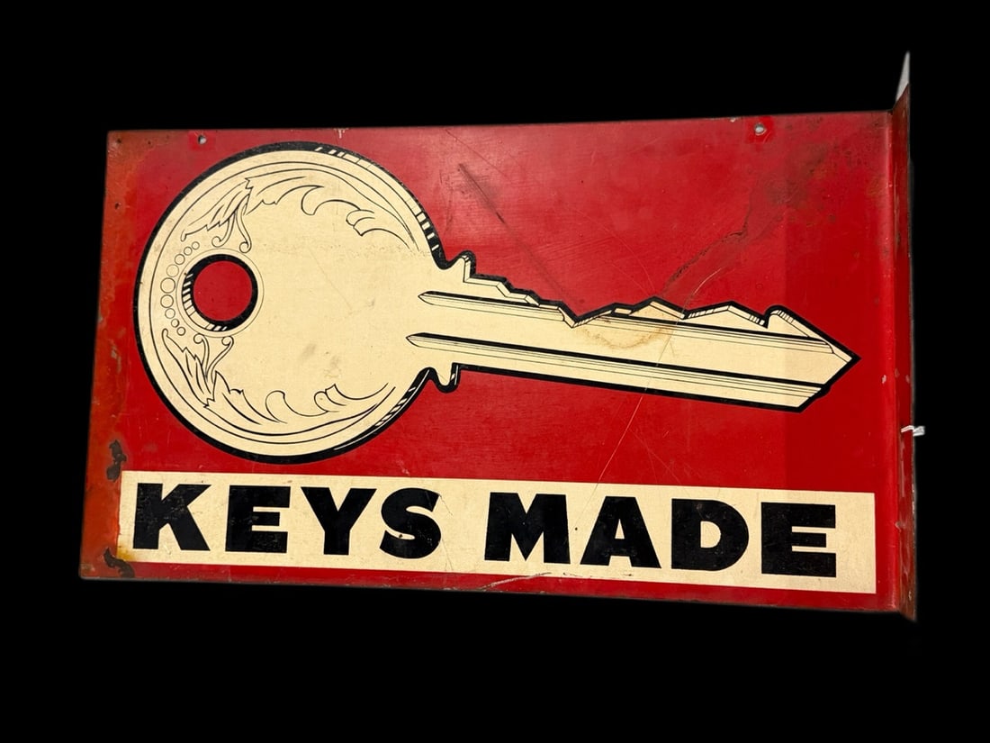 Keys Made Flange Sign: Scratches throughout. Paint chips in multiple locations. Rarely seen. 14" H x 24" W. All items are eligible for free delivery to Rustbelt Americana in East Moline, IL on 8/6-7 or other shows that