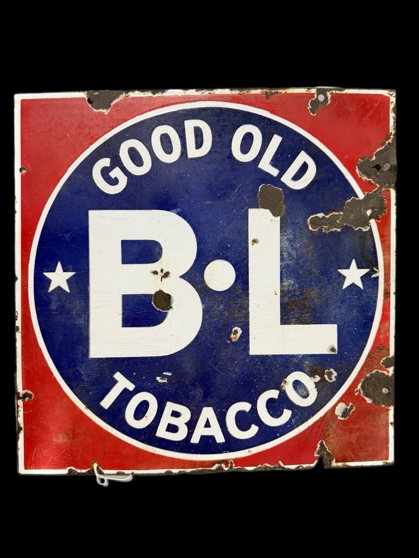 B L Good Old Tobacco Porcelain Sign: Chips everywhere, not mint. 15" H x 15" W. All items are eligible for free delivery to Rustbelt Americana in East Moline, IL on 8/6-7 or other shows that Richmond Auctions attends. Size 15" H x 15" W