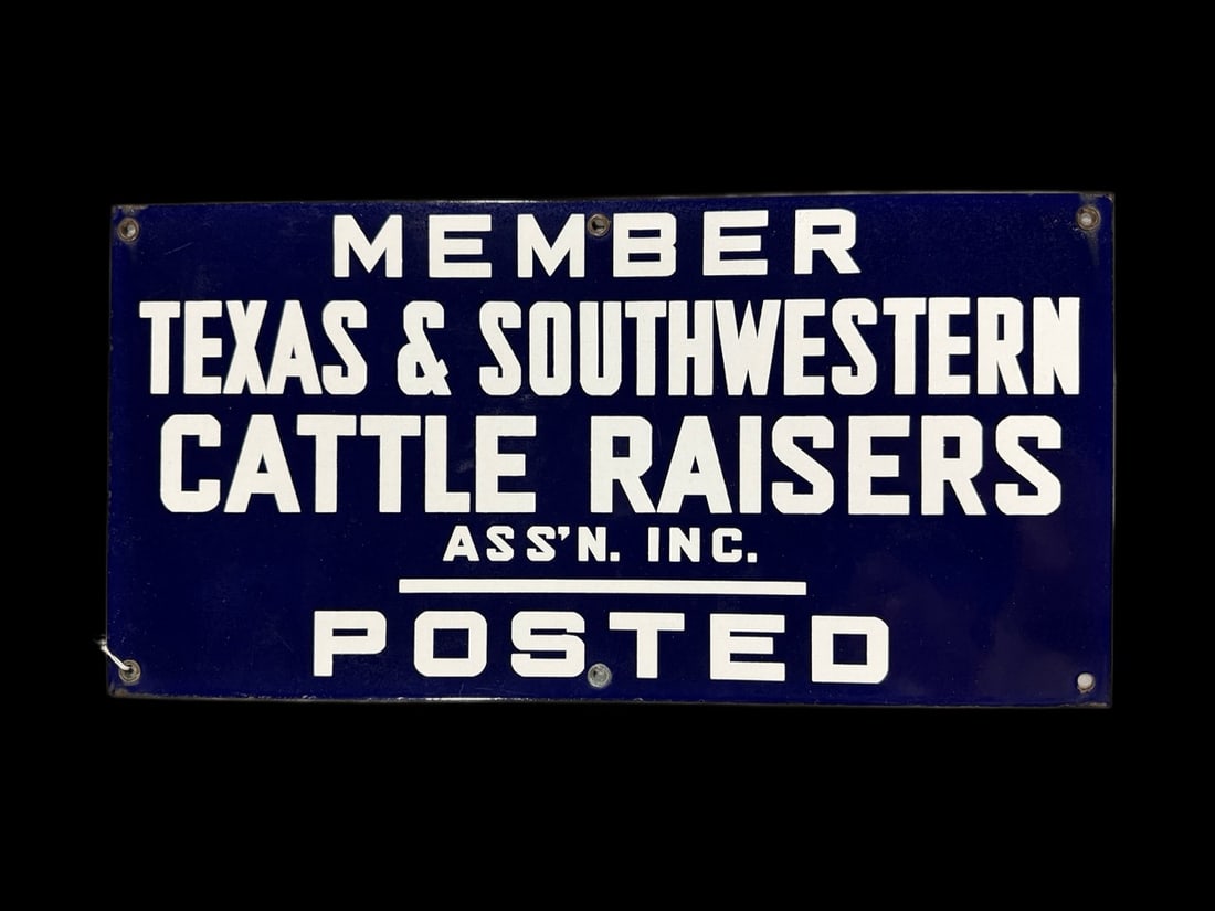Texas Southwestern Cattle Raisers Farm Porcelain Sign: Minimal wear, presents well. 20" H x 10" W. All items are eligible for free delivery to Rustbelt Americana in East Moline, IL on 8/6-7 or other shows that Richmond Auctions attends. Size 20" H x 10"