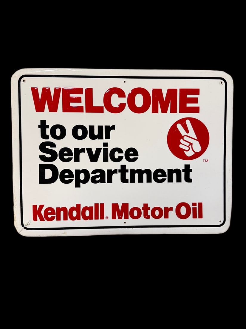 Kendall Motor Oil Service Department Sign.: Slight bend on lower right. Marked Scioto company. Very light scratching in field. 24" H x 18" W. All items are eligible for free delivery to Rustbelt Americana in East Moline, IL on 8/6-7 or other