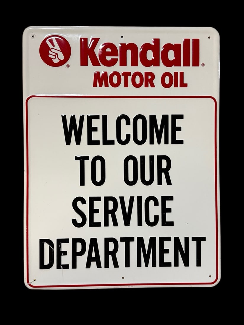 Kendall Motor Oil Service Department Sign.: Paint loss on E in department. Lays flat, minimal wear. 18" H x 24" W. All items are eligible for free delivery to Rustbelt Americana in East Moline, IL on 8/6-7 or other shows that Richmond Auctions