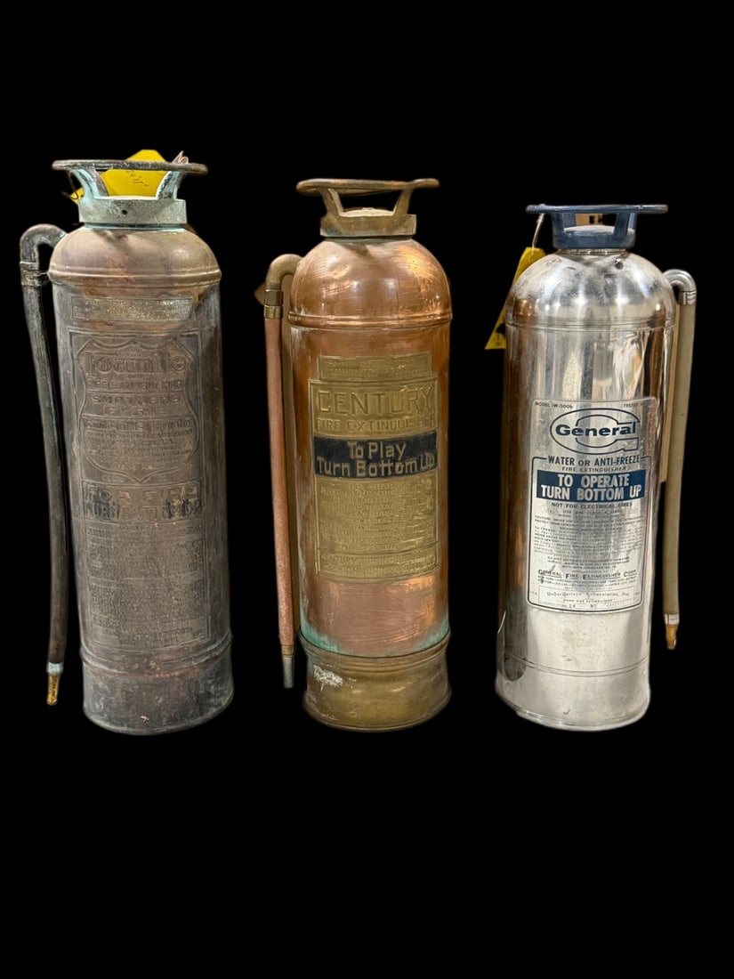 3 General Century Famine Fire Extinguisher: 3 Fire extinguishers in various condition. 24" H x 7" W. All items are eligible for free delivery to Rustbelt Americana in East Moline, IL on 8/6-7 or other shows that Richmond Auctions attends. Size