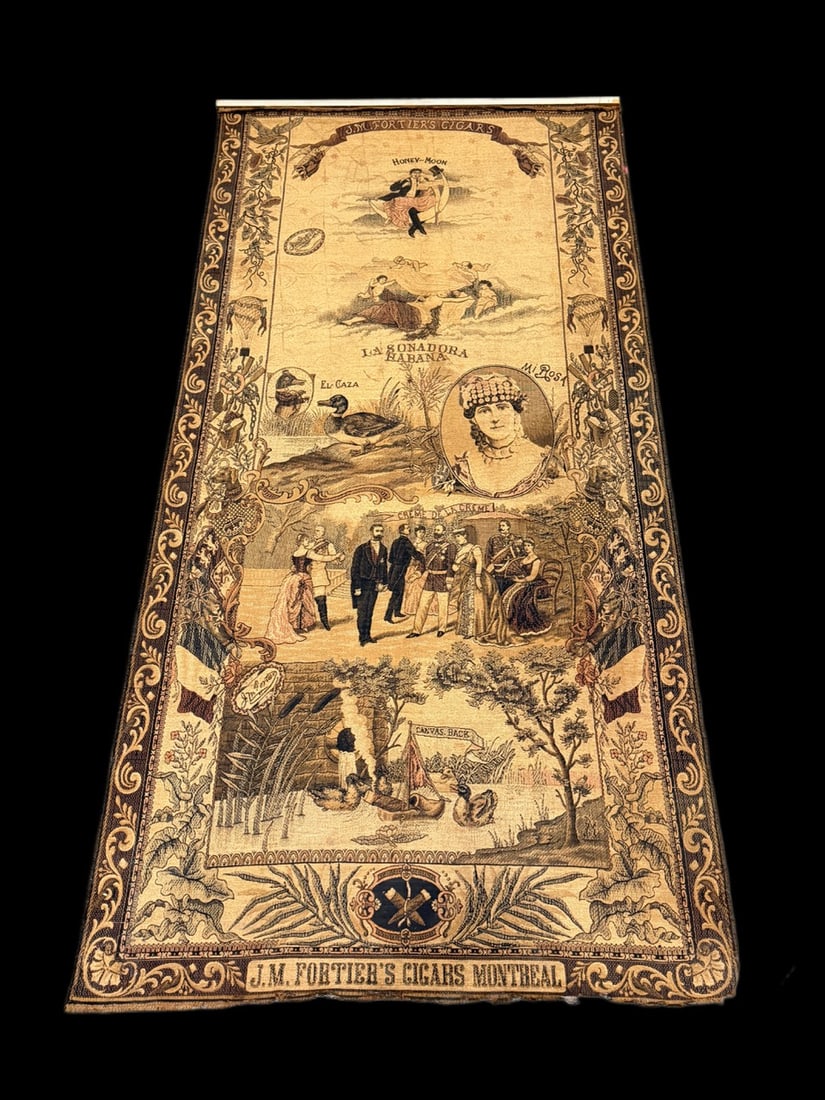 Large J.M. Fortier's Cigars Montreal Honey Moon: Large cloth hanger. Shows cigars being used in different settings from a Honey Moon to a hunt. Great display piece. 96" H x 48" W. All items are eligible for free delivery to Rustbelt Americana in