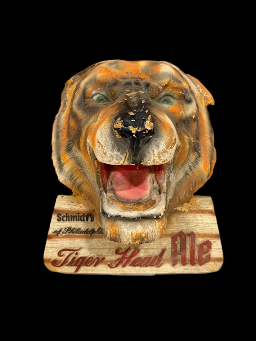 Schmidt's Tiger Head Ale Foam Sign: Has wear all across it, could use a good cleaning. Made of a lightweight foam. Unique piece. 16" H x 15" W x 8" D. All items are eligible for free delivery to Rustbelt Americana in East Moline, IL on