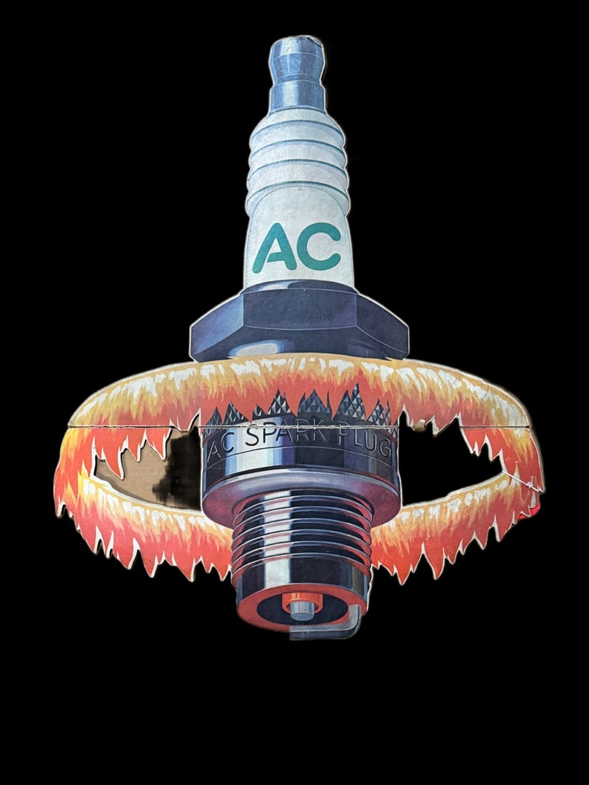 Ac Spark Plugs Large Cardboard Display Sign: Folds in the center. Has dirt/wear present, but given it's age, presents well. There is some lifting around the center. 40" H x 28" W x 4" D. All items are eligible for free delivery to Rustbelt