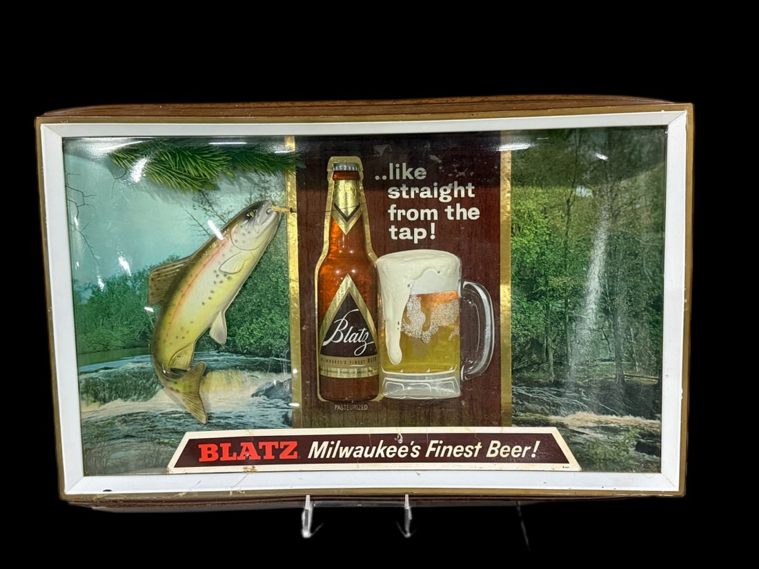 Blatz Milwaukee's Finest Beer Fishing Light Up Beer Display: Lights up as it should. Has aging. 14" H x 23" W x 4" D. All items are eligible for free delivery to Rustbelt Americana in East Moline, IL on 8/6-7 or other shows that Richmond Auctions attends. Size