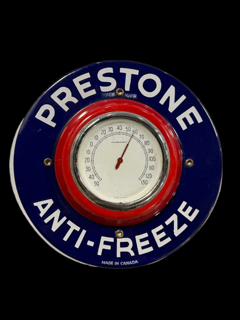 Prestone Anti Freeze Thermometer: Reads a little low. Clean piece. 10" H x 2" W. All items are eligible for free delivery to Rustbelt Americana in East Moline, IL on 8/6-7 or other shows that Richmond Auctions attends. Size 10" H x 2"