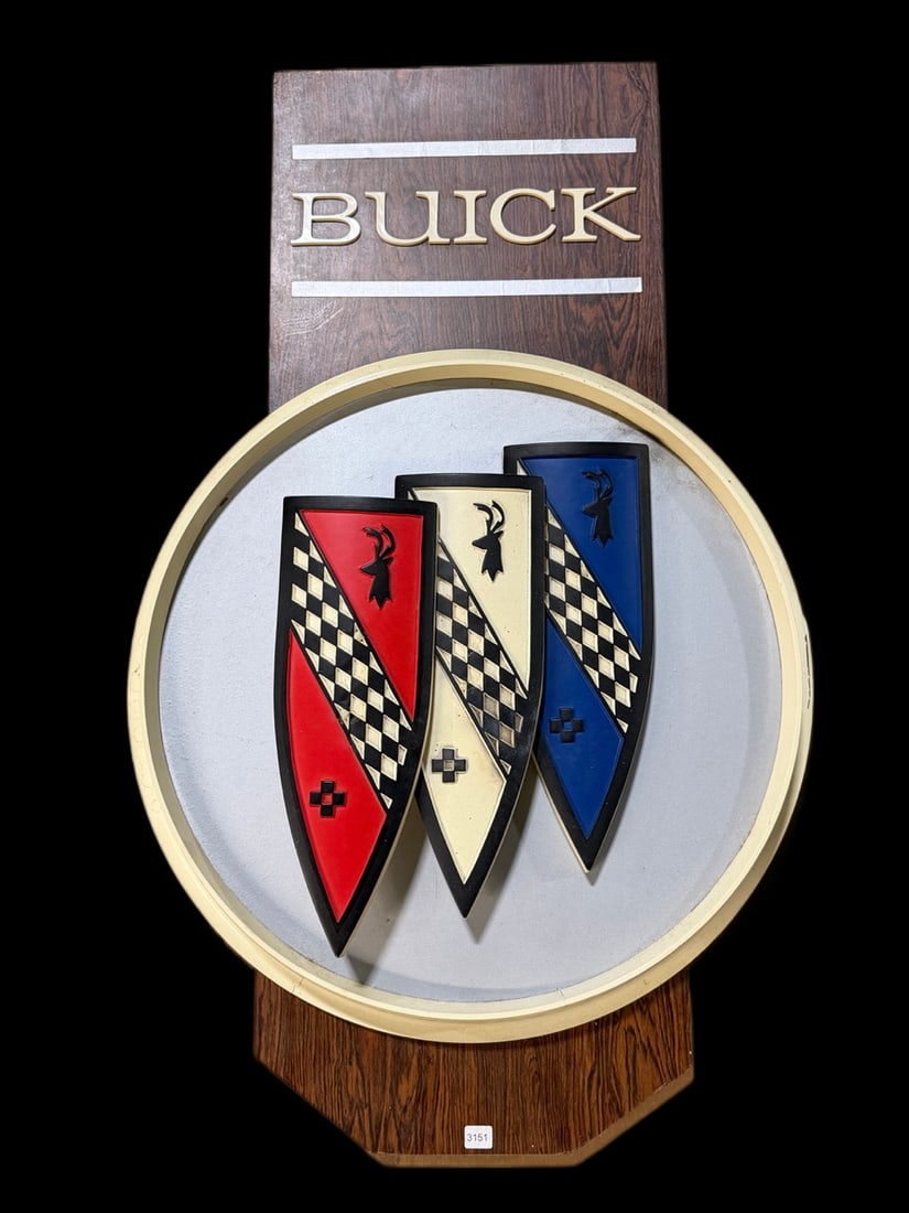 Large Buick Show Room Display Sign: Edge has a crack. Shelf wear present but displays nice. 42" H x 26" W x 8" D. All items are eligible for free delivery to Rustbelt Americana in East Moline, IL on 8/6-7 or other shows that Richmond