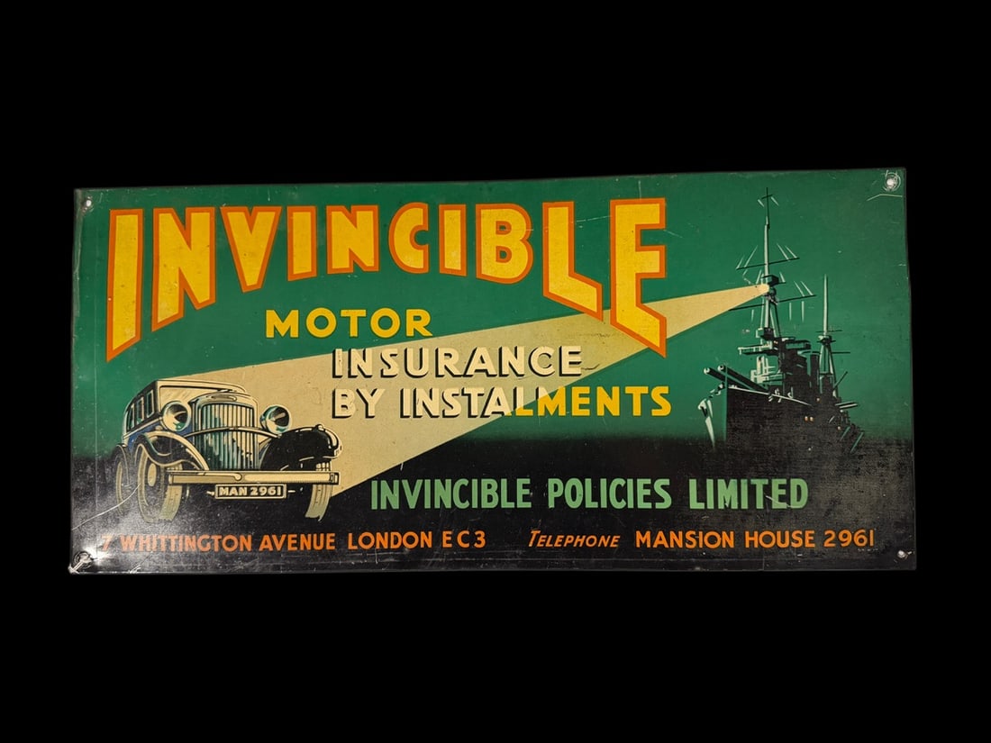 Invincible Motor Insurance Sign: Late 70's/80's. Scratches on the face. 20" H x 10" W. All items are eligible for free delivery to Rustbelt Americana in East Moline, IL on 8/6-7 or other shows that Richmond Auctions attends. Size