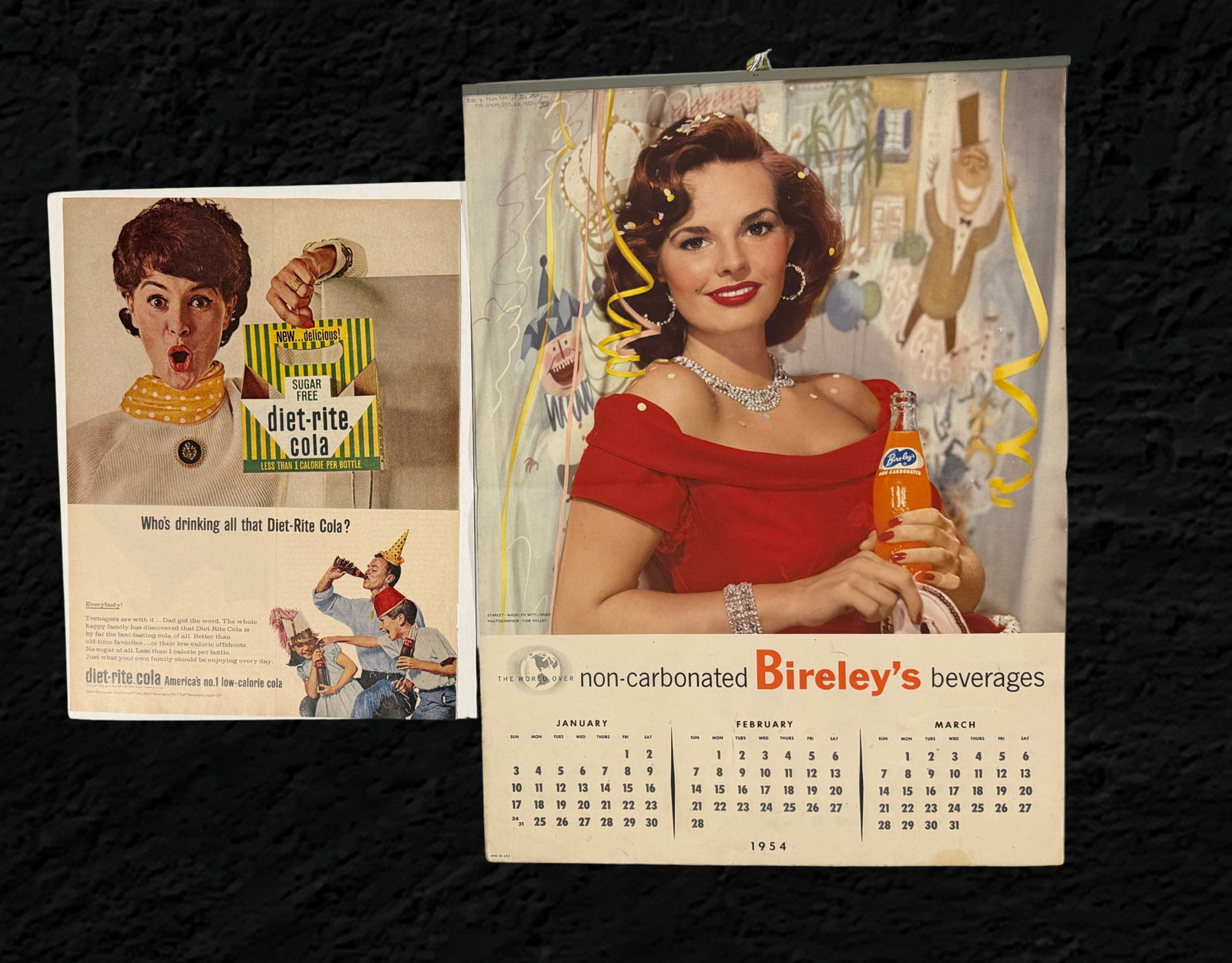 Bireley's Soda 1954 Paper Calendar Diet Rite Ad: No major staining, complete. Diet rite ad no staining. 11" H x 15" W. All items are eligible for free delivery to Rustbelt Americana in East Moline, IL on 8/6-7 or other shows that Richmond Auctions