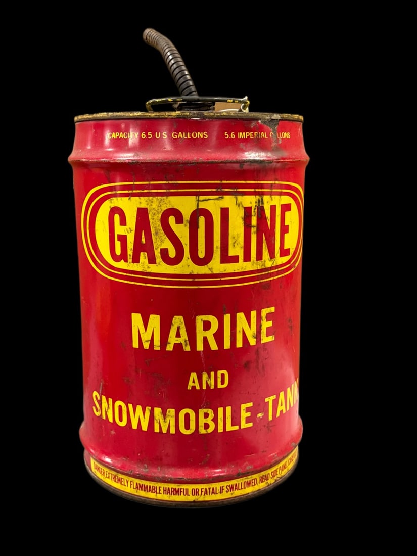 Gasoline Marine Snowmobile Gas Gan: 6.5 Gallon oil can. No significant dents, just lots of scratching and surface wear. 17" H x 12" W. All items are eligible for free delivery to Rustbelt Americana in East Moline, IL on 8/6-7 or other