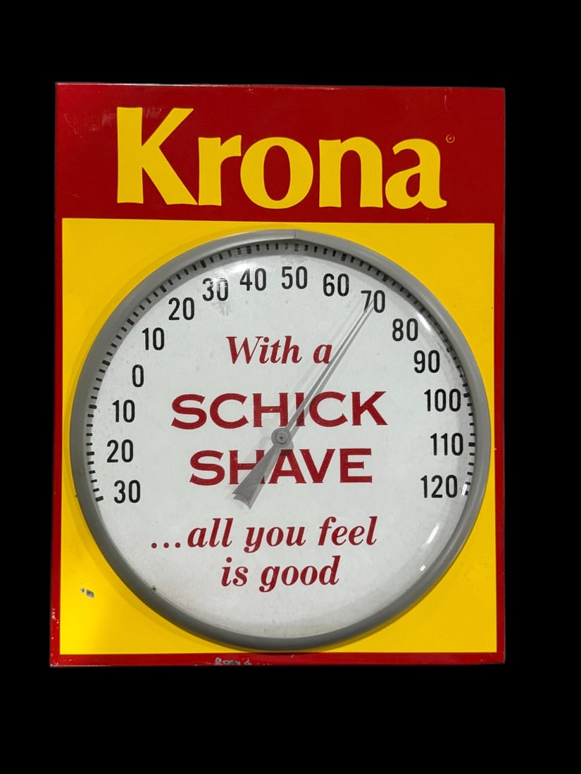 Krona Schick Shave Thermometer: Thermometer reads a little high. Face in great shape, chip on lower left corner. 14" H x 11" W x 1" D. All items are eligible for free delivery to Rustbelt Americana in East Moline, IL on 8/6-7 or