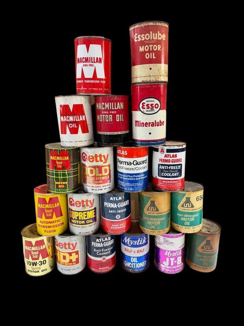 Mixed Lot Of Macmillan Esso Atlas Getty Oil Cans: Mixed offering of oil cans. " H. All items are eligible for free delivery to Rustbelt Americana in East Moline, IL on 8/6-7 or other shows that Richmond Auctions attends. Size " H Medium Metal