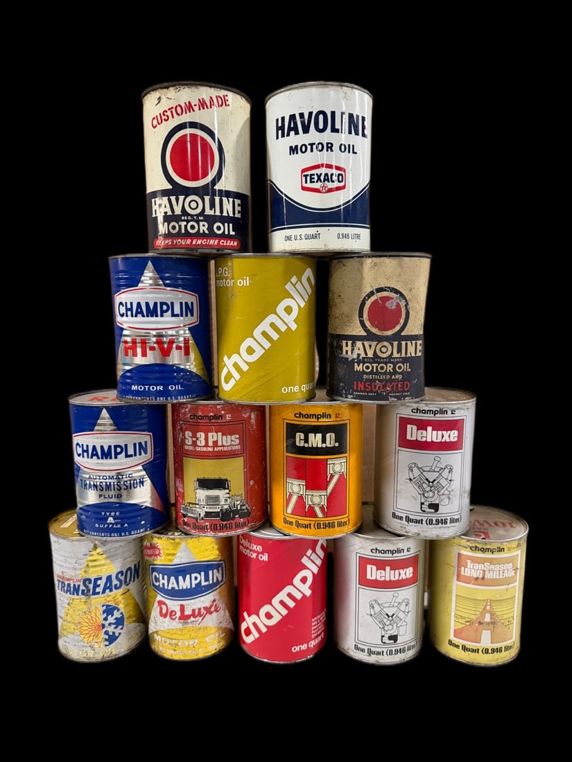 Havoline Champlin Texaco Motor Oil Cans: Mixed offering of cans. " H. All items are eligible for free delivery to Rustbelt Americana in East Moline, IL on 8/6-7 or other shows that Richmond Auctions attends. Size " H Medium Metal